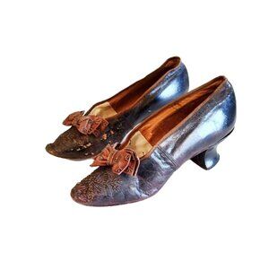 Antique Vintage Edwardian 1900s Brown Leather Shoes With Beads And Bows As Is